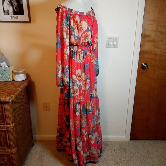 JEALOUS TOMATO FUCHSIA LONG SLEEVE OFF SHOULDER FLORAL PRINT SIZE L MAXI DRESS - Picture 6 of 14